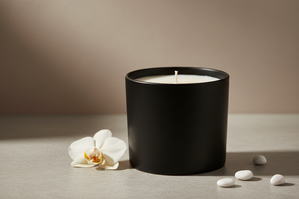 coconut candle in unlabeled black jar